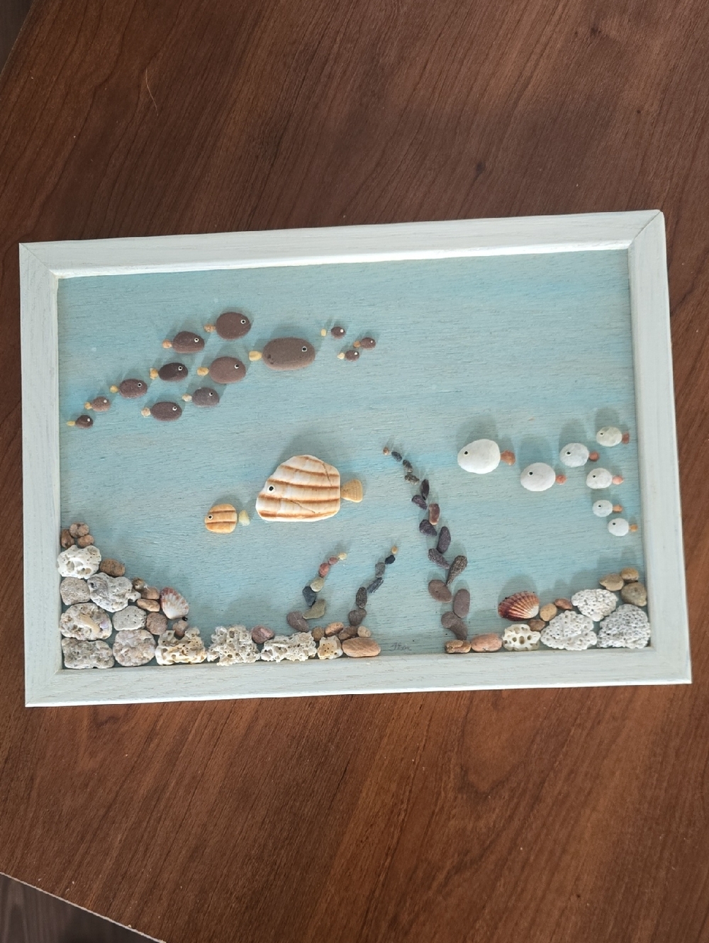 Seashell Pebble Fish Wall Art - Blue Framed Ocean Scene